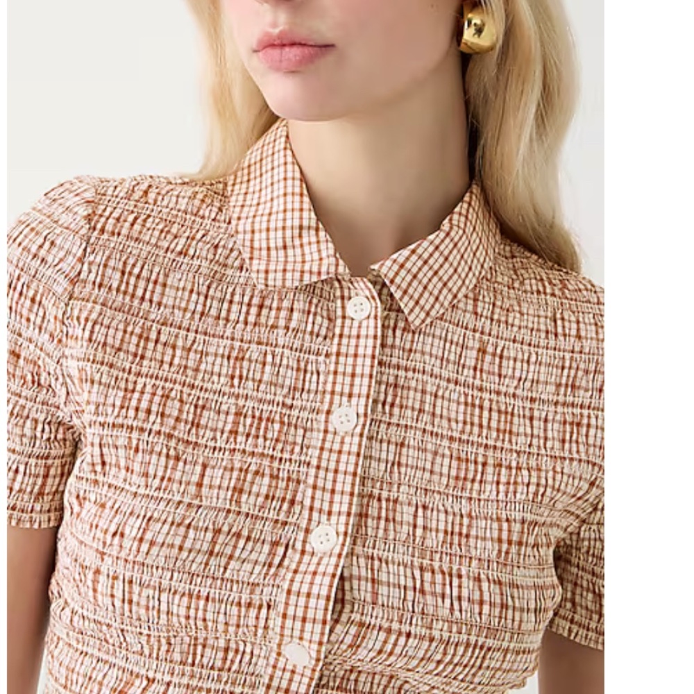 J. Crew Smocked Button-Up Shirt in Gingham Cotton Voile - Picture 2 of 8